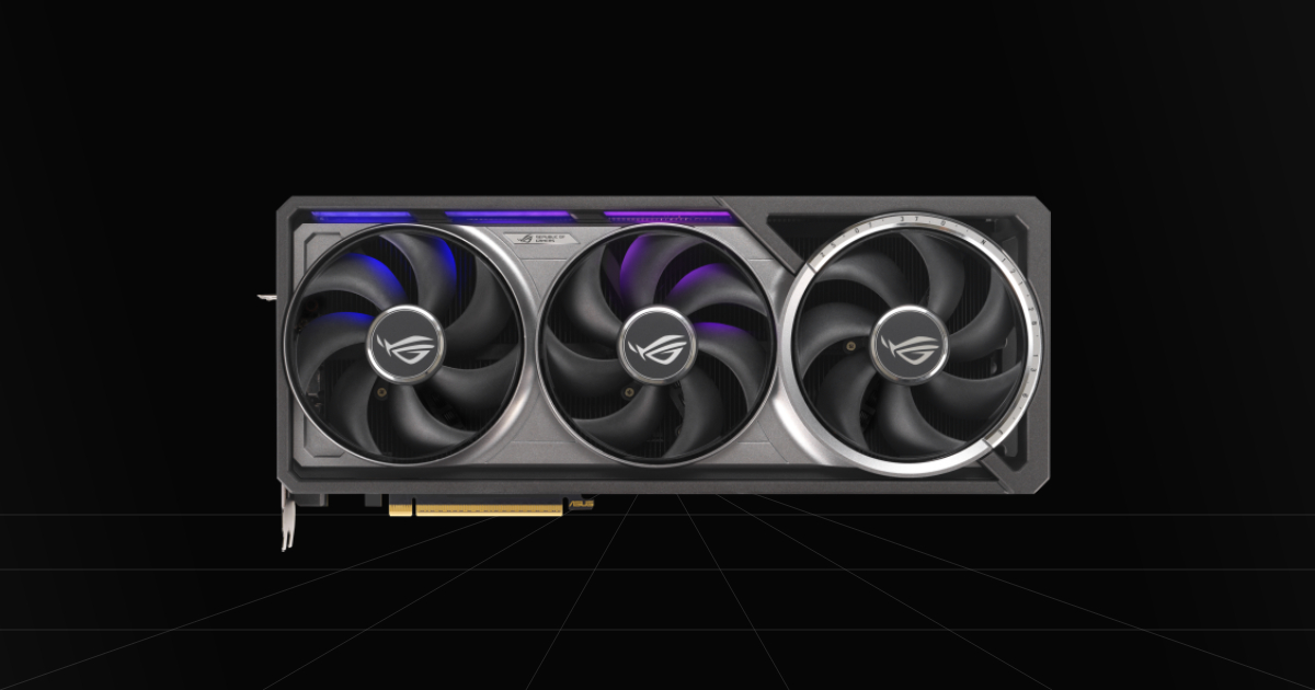 Front profile view of the ROG Astral RTX 5090 OC gaming graphics card on a black backdrop.