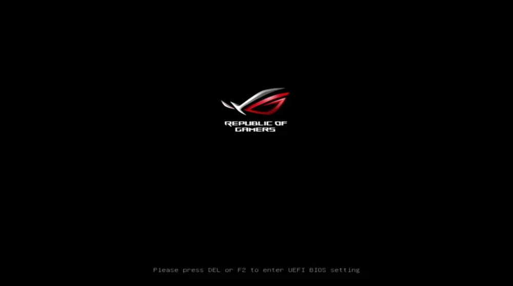 The ROG boot screen with the text indicating how to access the BIOS.