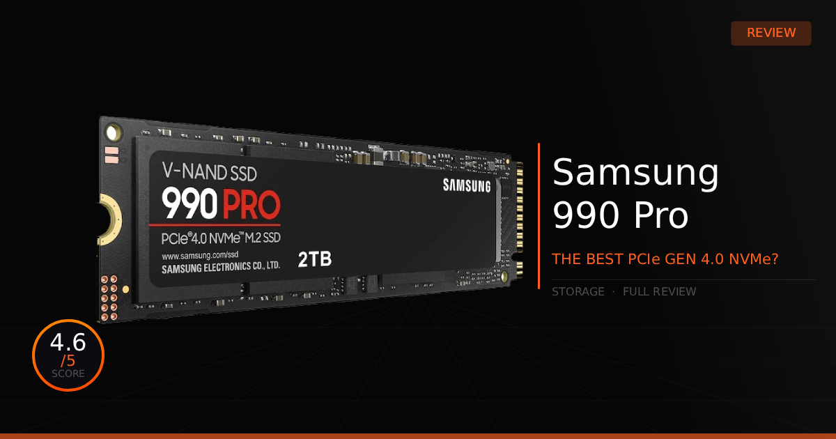 Front profile view of the Samsung 990 Pro NVMe M.2 on a dark backdrop, featuring overlay text that displays a review rating of 4.6 out of 5.
