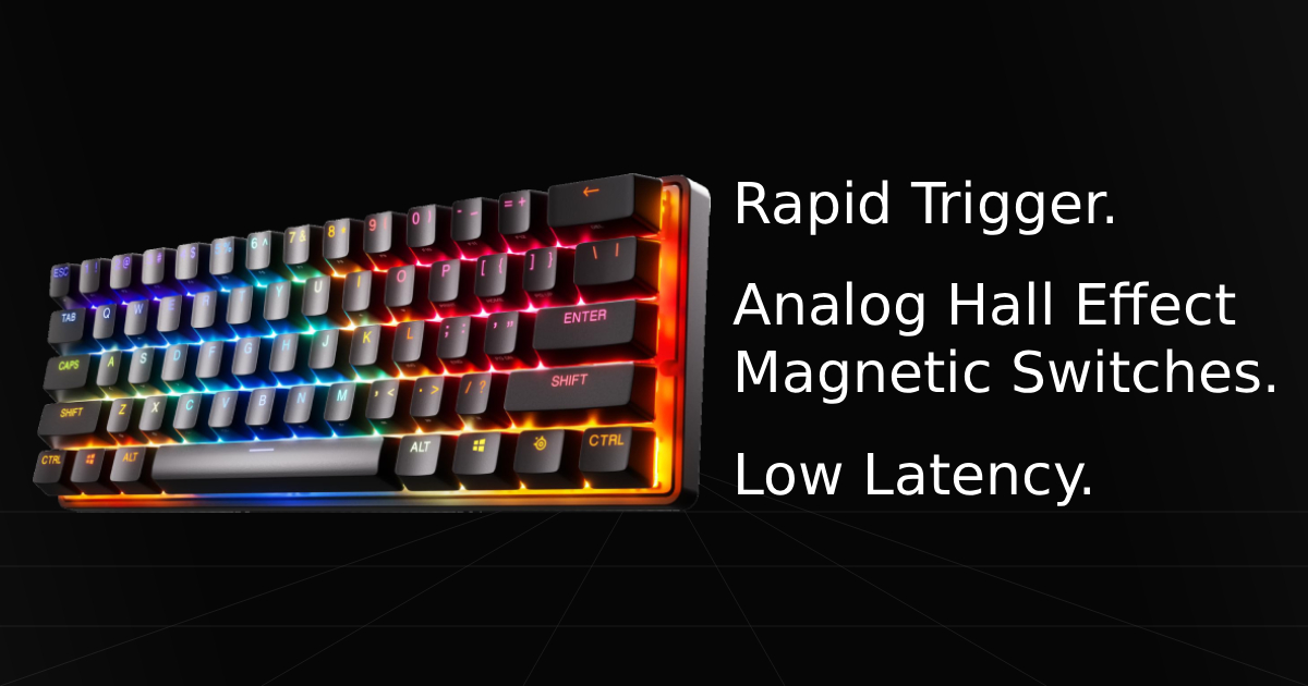 Top-down profile view of the SteelSeries Apex Pro Mini Gen 2 gaming keyboard with overlay text listing three key specifications and features: Rapid Trigger, Analog Hall Effect Magnetic Switches, and Low Latency.