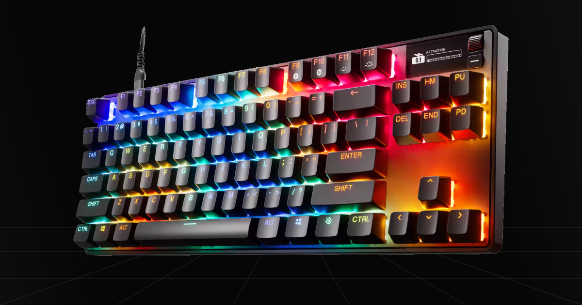 Front profile view of the SteelSeries Apex Pro TKL Gen 3 magnetic gaming keyboard on a black backdrop.