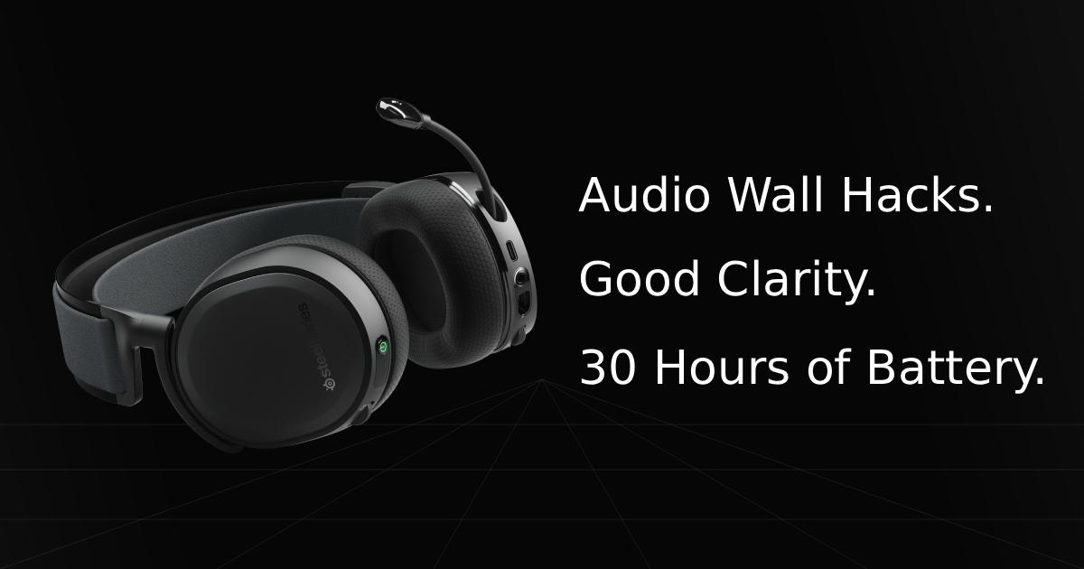 Front profile view of the SteelSeries Arctis 7X+ gaming headset with overlay text listing three key specifications and features: Audio Wall Hacks, Good Clarity, and 30 Hours of Battery Life.