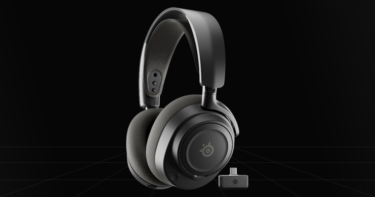 Front profile view of the SteelSeries Arctis Nova 7 Gen 2 gaming headset on a black backdrop.