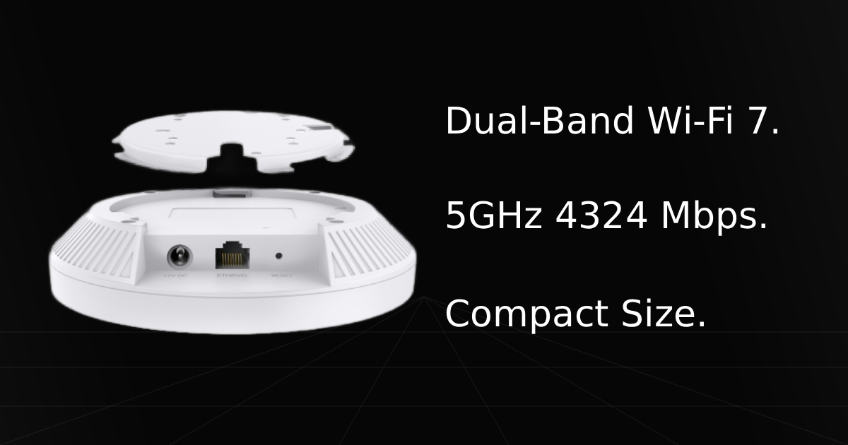 Back profile view of the TP-Link Omada EAP723 access point ports with overlay text listing three key specifications and features: Dual-Band Wi-Fi 7, 5GHz 4324 Mbps, and Compact Size.