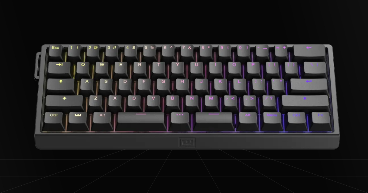 Front profile view of the Wooting 60HE V2 Hall Effect gaming keyboard on a black backdrop.