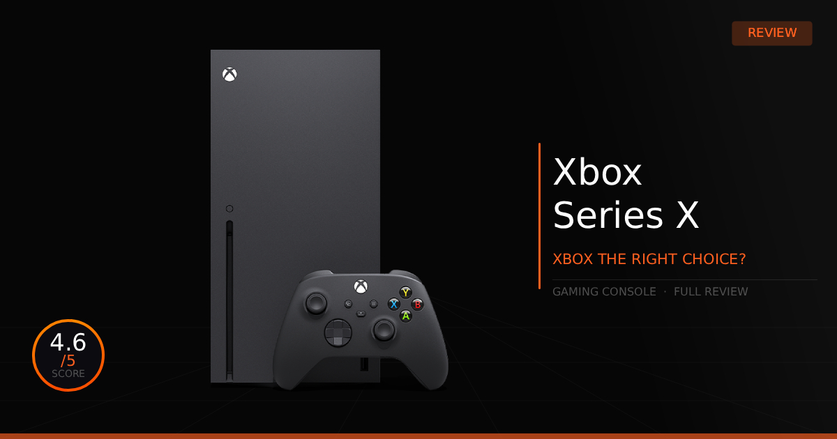Front profile view of the Xbox Series X gaming console on a dark backdrop, featuring overlay text that displays a review rating of 4.6 out of 5.